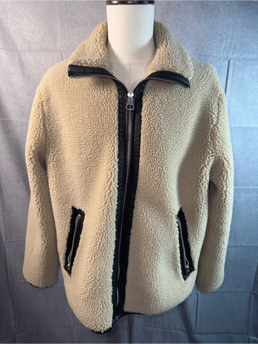 2276-Neutral Cream Sherpa Zip-Front Jacket with Black Trim